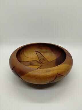 Vintage Hand Carved Wooden Salad Decorative Bowl 7 Inches Wide - Fish Design